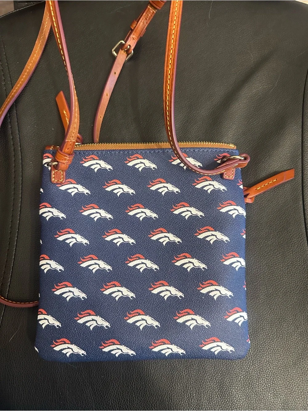 Dooney & Bourke Navy Denver Broncos Logo Crossbody with Brown Leather Trim